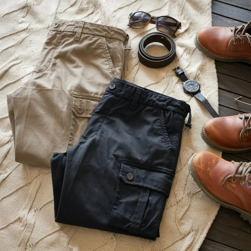Essential 100% Cotton Utility Cargo Pants Combo – Khaki & Black