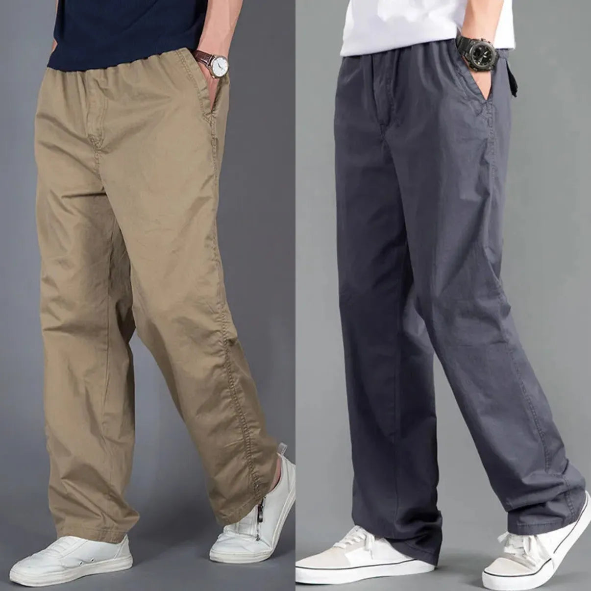 Elite Cargo Edit 100% Cotton Relaxed Pants Combo – Beige & Slate Grey